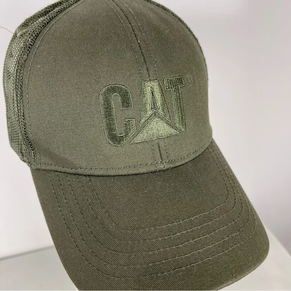 NEW CAT Caterpillar Raised Logo Trucker Hat Olive Green Unisex Baseball Cap OS